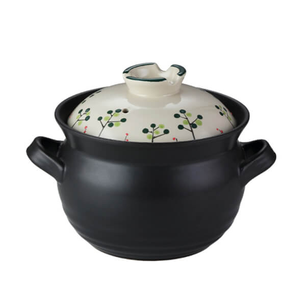3.5L Japanese ceramic casserole black base with botanical berry pattern donabe hot pot large size