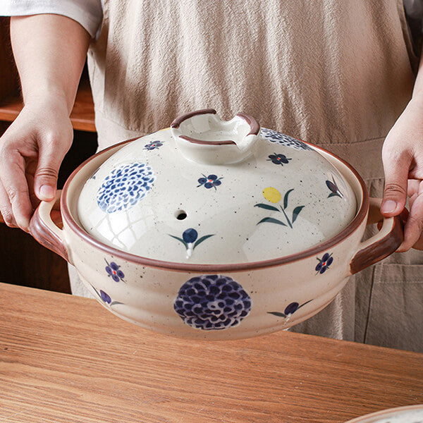 Japanese wabi-sabi ceramic casserole with hand-painted floral pattern oriental hot pot vessel