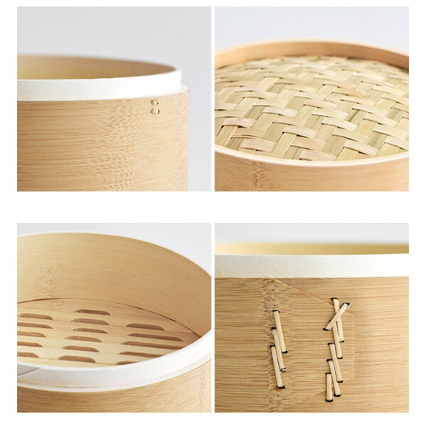 Collage of a bamboo steamer basket with close-up details on a white background