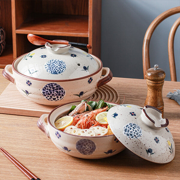 Hand-painted floral pattern ceramic casserole Japanese donabe with delicate Asian botanical design
