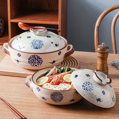 Hand-painted floral pattern ceramic casserole Japanese donabe with delicate Asian botanical design