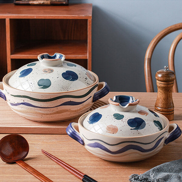Oriental style ceramic casserole set with dot stripe pattern Japanese clay pot multiple sizes