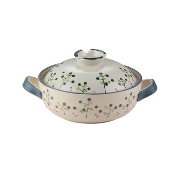 1.5L Japanese ceramic casserole cream base with botanical berry pattern donabe hot pot small size

