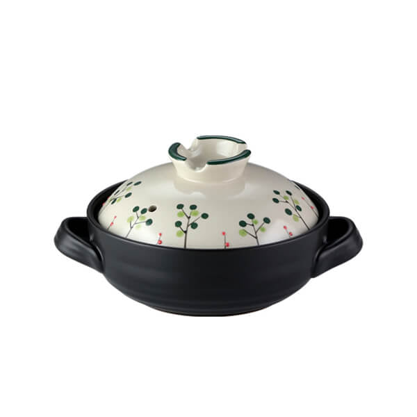 1.5L Japanese ceramic casserole black base with botanical berry pattern donabe hot pot small size
