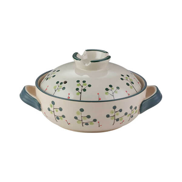 2.5L Japanese ceramic casserole cream base with botanical berry pattern donabe hot pot medium size

