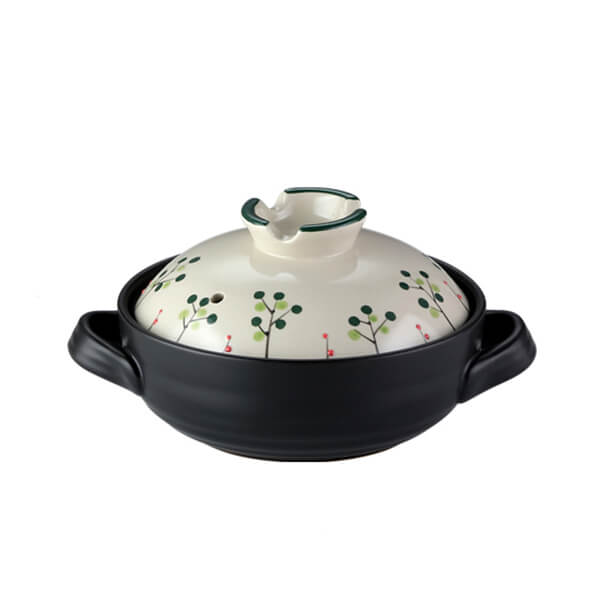 2.5L Japanese ceramic casserole black base with botanical berry pattern donabe hot pot medium size
