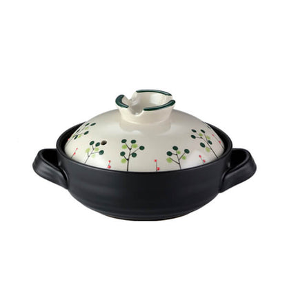 2.5L Japanese ceramic casserole black base with botanical berry pattern donabe hot pot medium size

