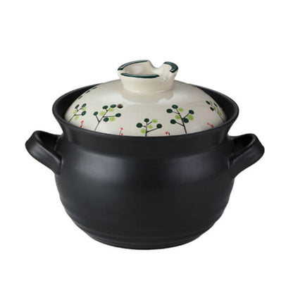3.5L Japanese ceramic casserole black base with botanical berry pattern donabe hot pot large size
