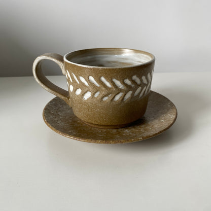 Handmade Wabi-Sabi Ceramic Cup and Saucer Set | Earth Tone with Hand-Painted Leaf Pattern