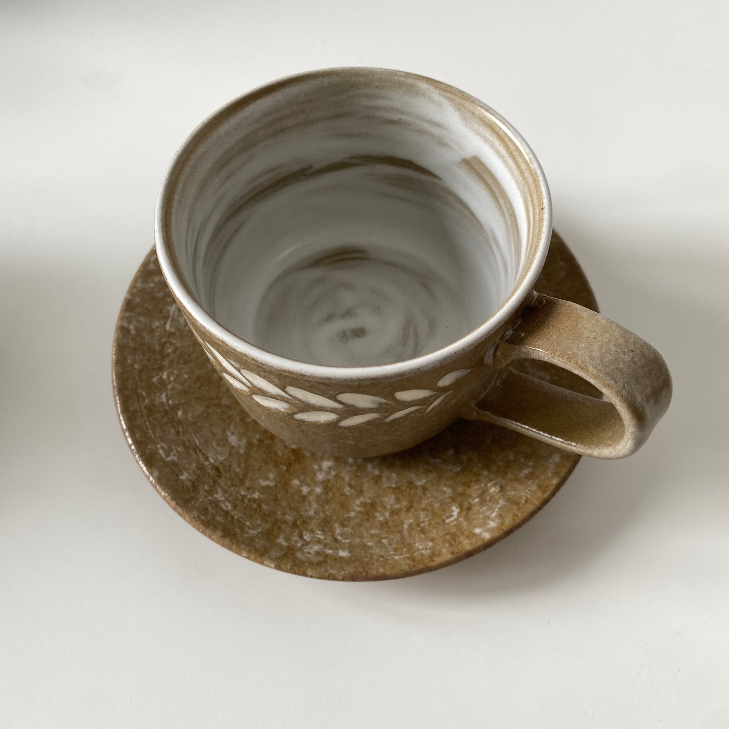 Handmade Wabi-Sabi Ceramic Cup and Saucer Set | Earth Tone with Hand-Painted Leaf Pattern