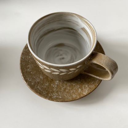 Handmade Wabi-Sabi Ceramic Cup and Saucer Set | Earth Tone with Hand-Painted Leaf Pattern