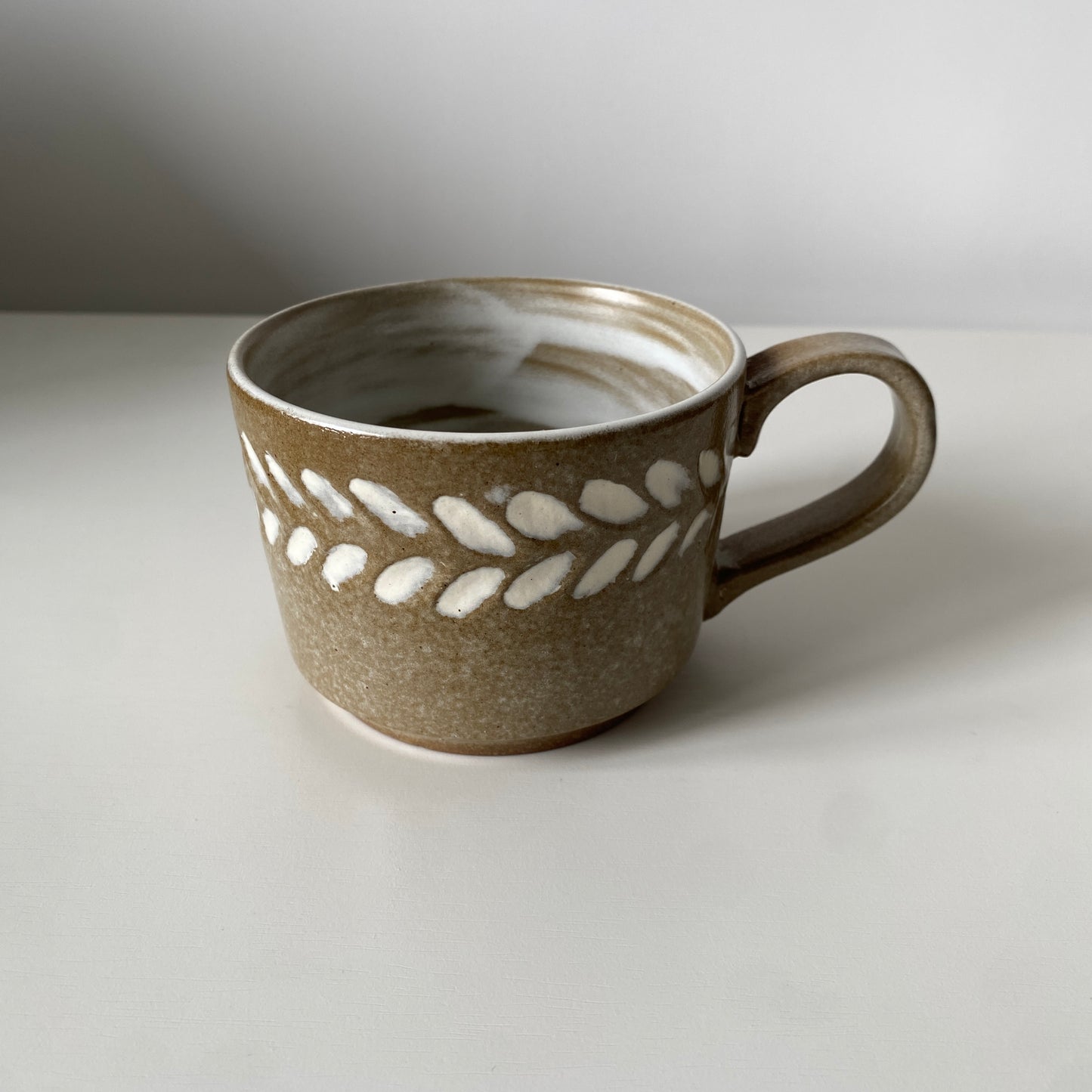 Handmade Wabi-Sabi Ceramic Cup and Saucer Set | Earth Tone with Hand-Painted Leaf Pattern