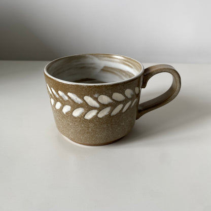 Handmade Wabi-Sabi Ceramic Cup and Saucer Set | Earth Tone with Hand-Painted Leaf Pattern