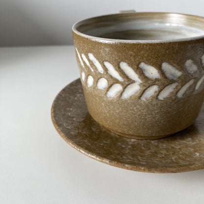 Handmade Wabi-Sabi Ceramic Cup and Saucer Set | Earth Tone with Hand-Painted Leaf Pattern