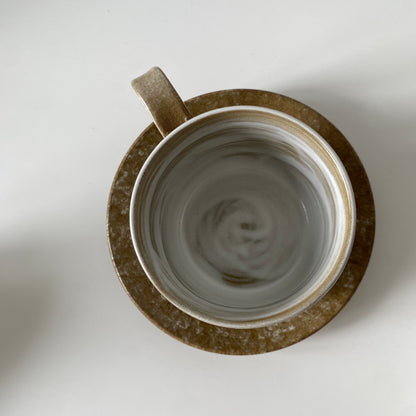 Handmade Wabi-Sabi Ceramic Cup and Saucer Set | Earth Tone with Hand-Painted Leaf Pattern