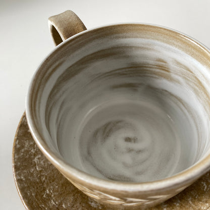 Handmade Wabi-Sabi Ceramic Cup and Saucer Set | Earth Tone with Hand-Painted Leaf Pattern