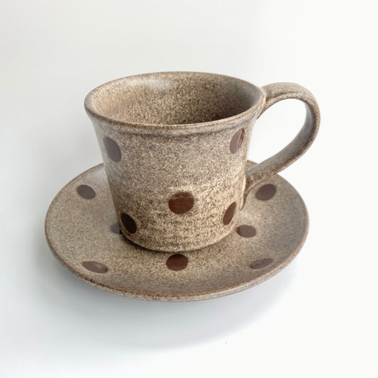 Handmade Wabi-Sabi Ceramic Mug and Saucer Set | Earthy Polka Dot Pattern