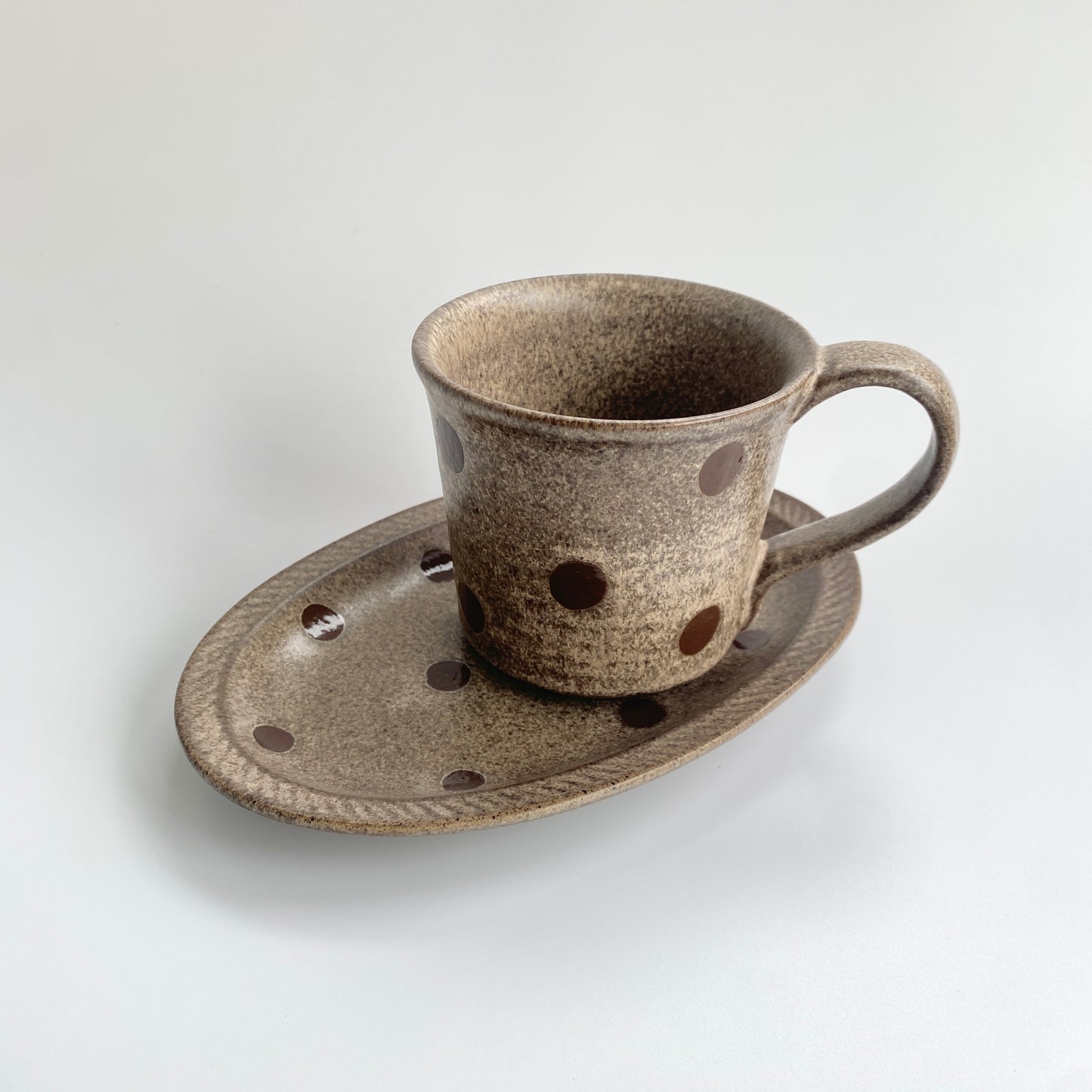 Handmade Wabi-Sabi Ceramic Mug and Saucer Set | Earthy Polka Dot Pattern
