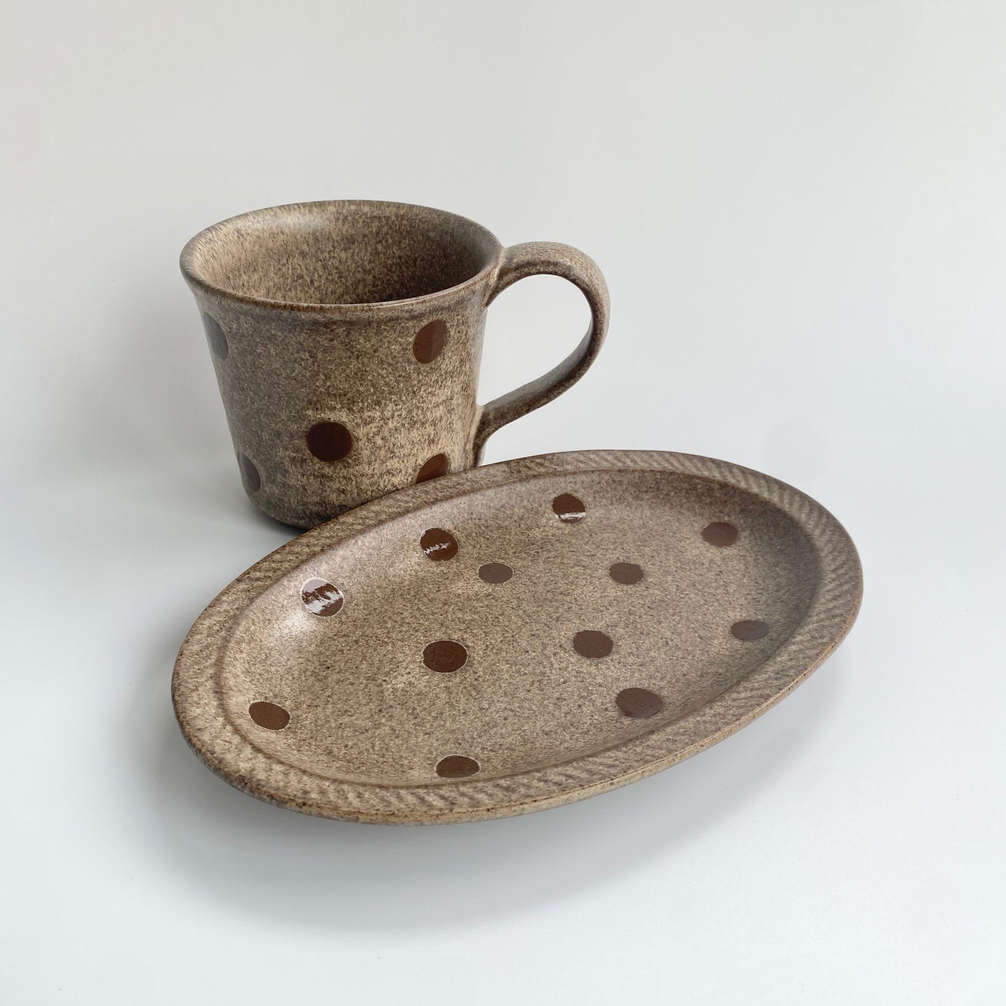 Handmade Wabi-Sabi Ceramic Mug and Saucer Set | Earthy Polka Dot Pattern