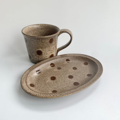 Handmade Wabi-Sabi Ceramic Mug and Saucer Set | Earthy Polka Dot Pattern