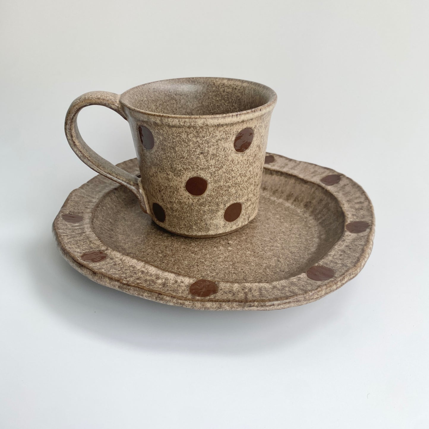 Handmade Wabi-Sabi Ceramic Mug and Saucer Set | Earthy Polka Dot Pattern