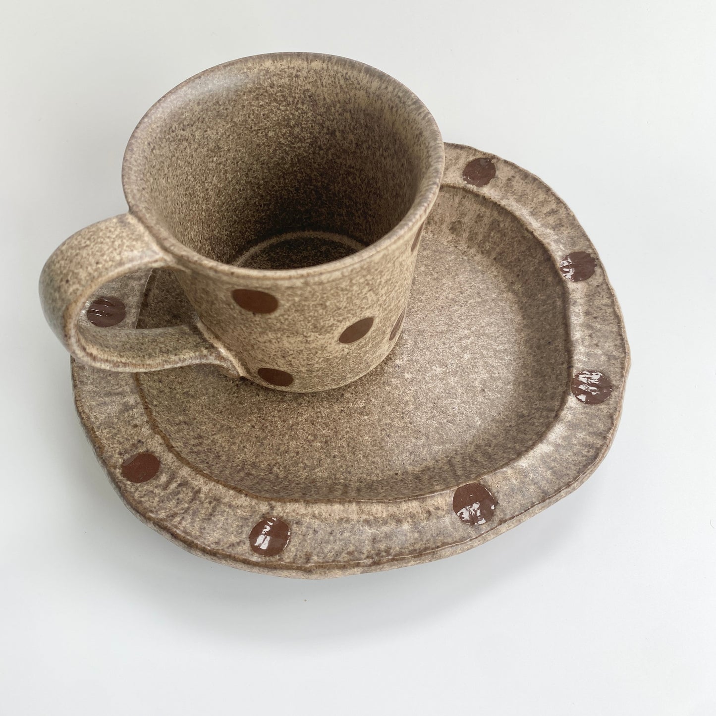 Handmade Wabi-Sabi Ceramic Mug and Saucer Set | Earthy Polka Dot Pattern