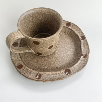 Handmade Wabi-Sabi Ceramic Mug and Saucer Set | Earthy Polka Dot Pattern