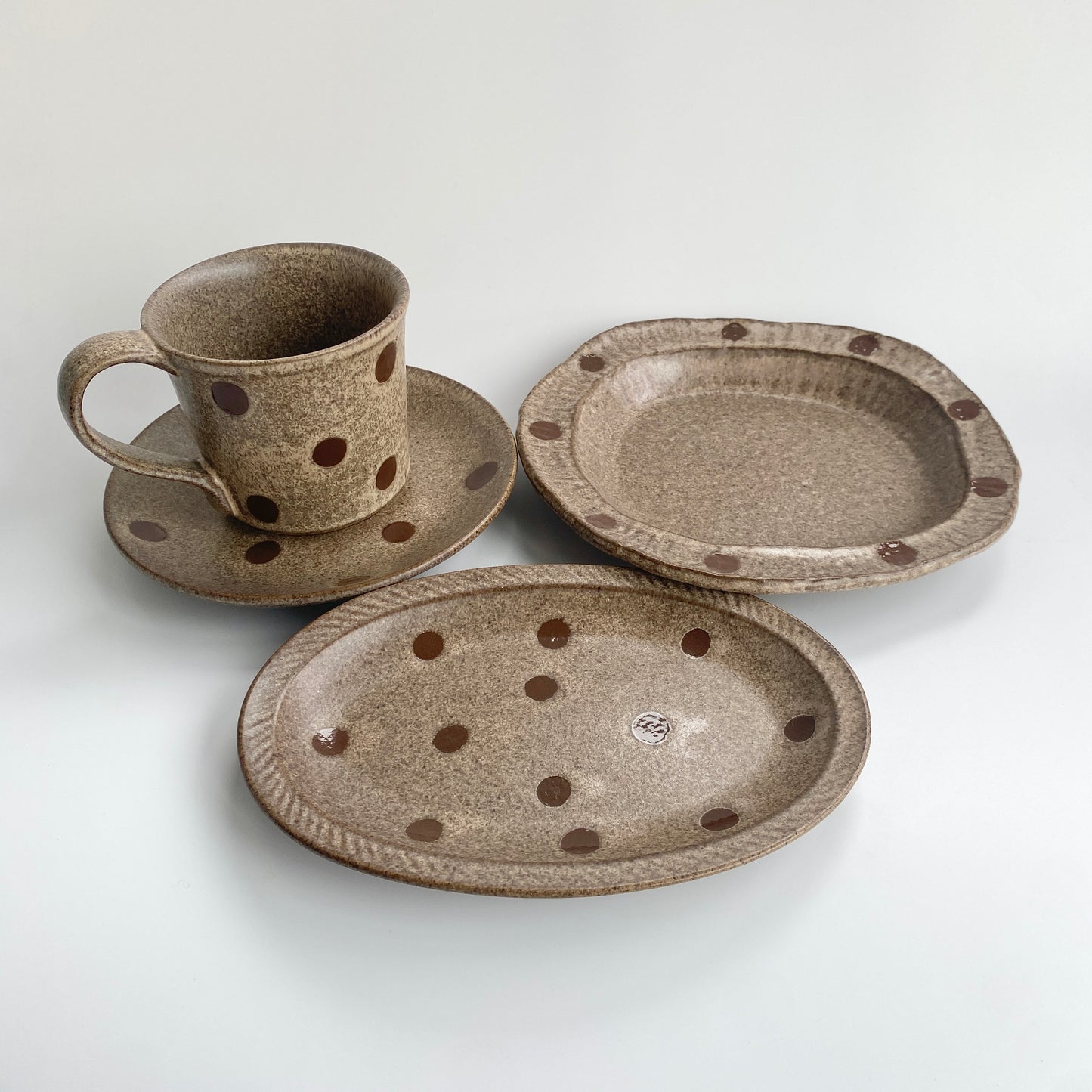 Handmade Wabi-Sabi Ceramic Mug and Saucer Set | Earthy Polka Dot Pattern