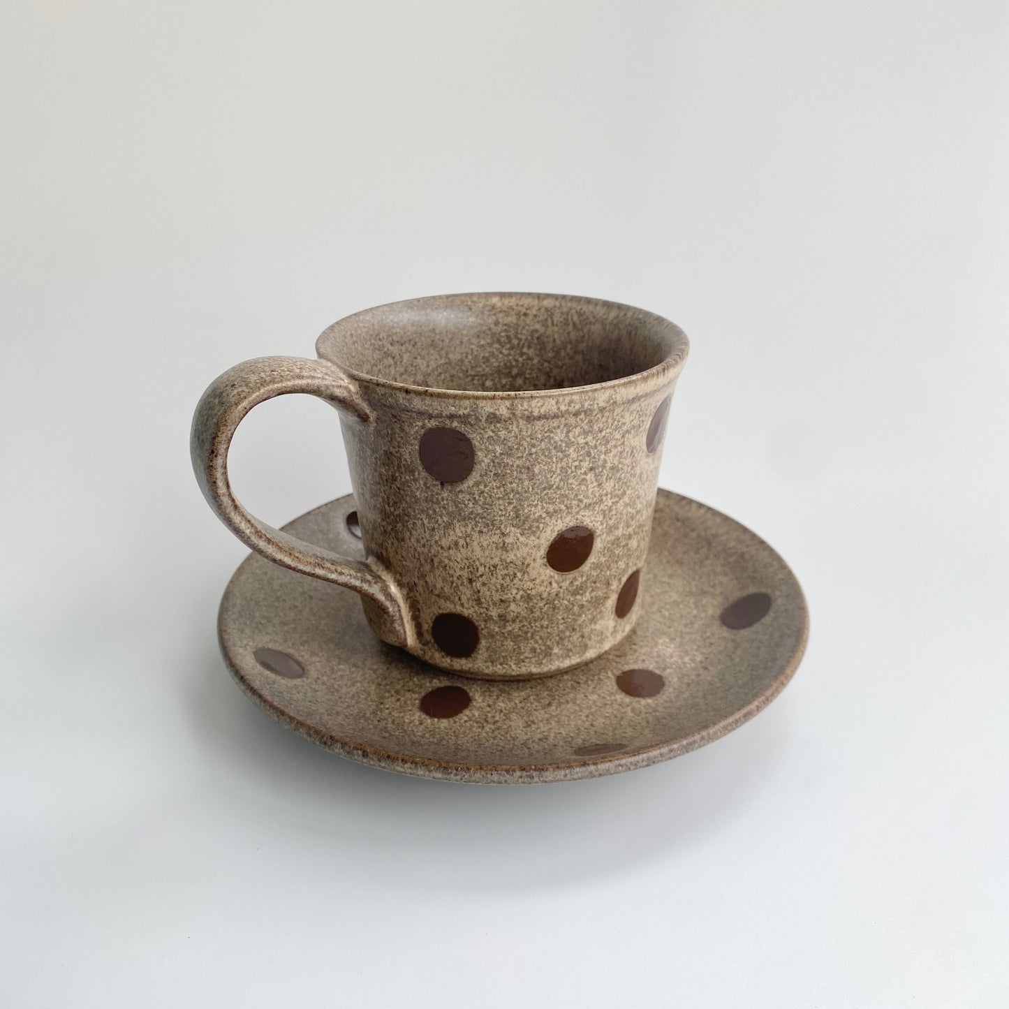 Handmade Wabi-Sabi Ceramic Mug and Saucer Set | Earthy Polka Dot Pattern