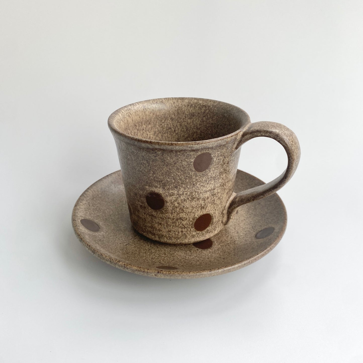 Handmade Wabi-Sabi Ceramic Mug and Saucer Set | Earthy Polka Dot Pattern