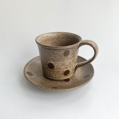 Handmade Wabi-Sabi Ceramic Mug and Saucer Set | Earthy Polka Dot Pattern