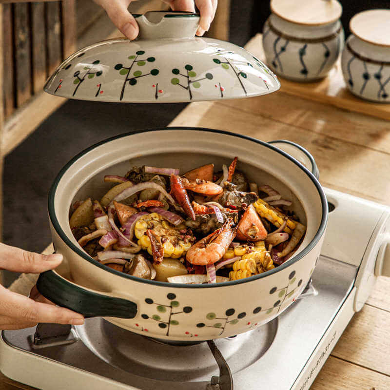 Oriental style ceramic casserole with hand-painted green blue berry branches Japanese clay pot
