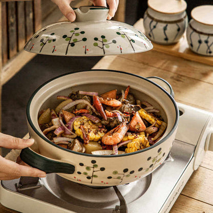 Oriental style ceramic casserole with hand-painted green blue berry branches Japanese clay pot
