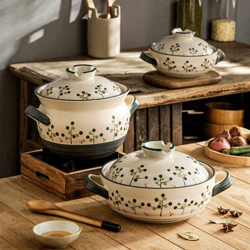 Japanese wabi-sabi ceramic casserole set with hand-painted botanical berry pattern donabe hot pot cookware