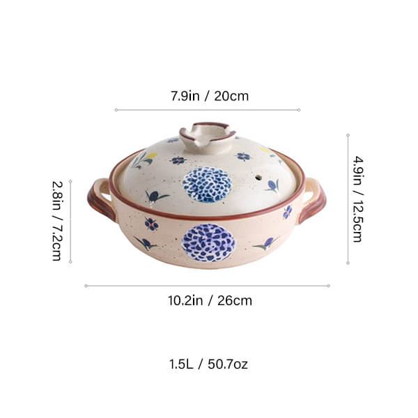 1.5L Japanese donabe ceramic casserole floral pattern small size hot pot for 1-2 people