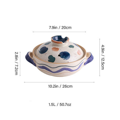 1.5L ceramic casserole with dot stripe pattern Japanese clay pot small size oriental cookware