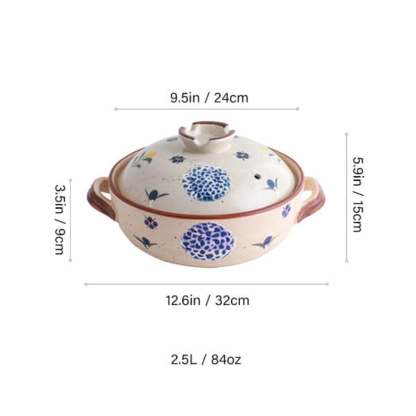 2.5L Japanese ceramic casserole floral pattern medium size donabe hot pot for 2-4 people
