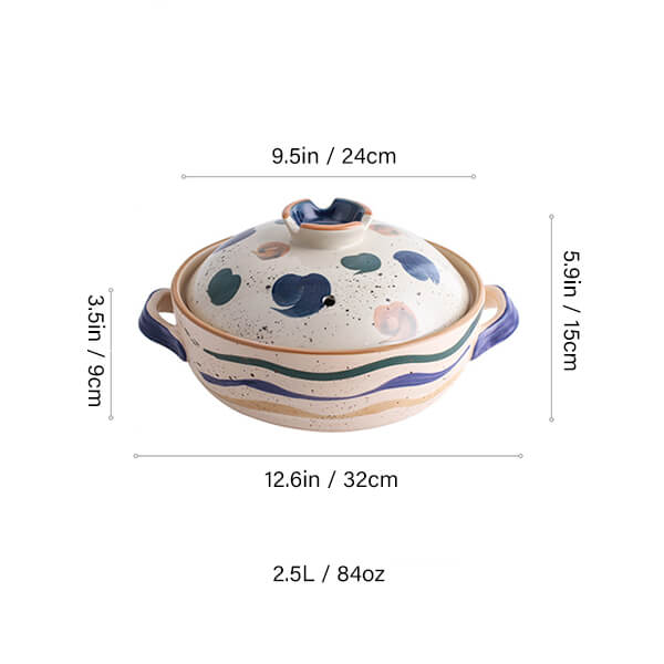 2.5L ceramic casserole with geometric dot stripe pattern Japanese clay pot medium size