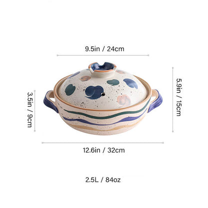 2.5L ceramic casserole with geometric dot stripe pattern Japanese clay pot medium size
